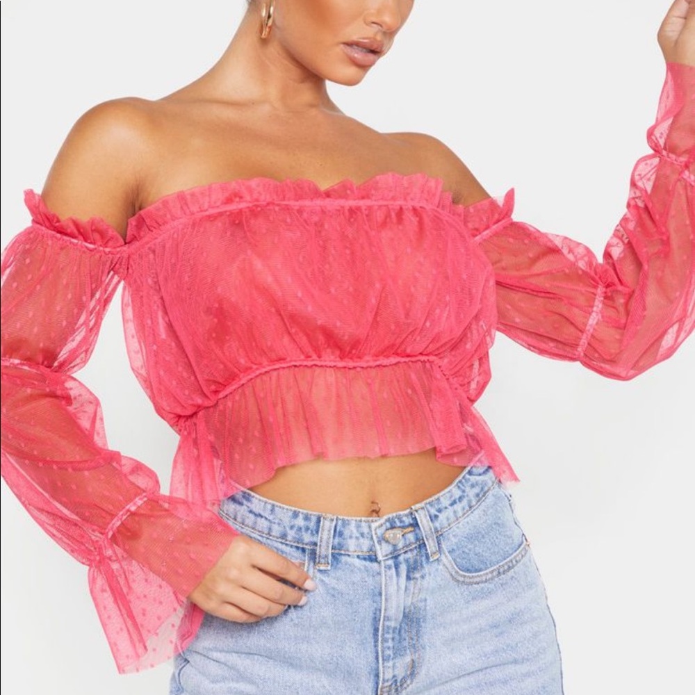Hot Pink Mesh Frill Bardot Crop Top